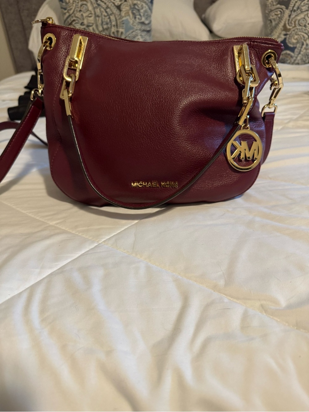 Michael Kors Wine Leather Shoulder Bag with Gold Hardware